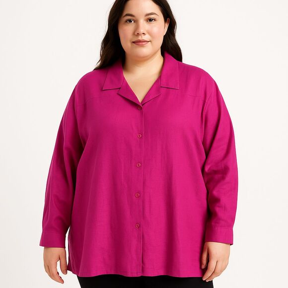 Vintage Susan Graver Button Blouse Women 2X Fuchsia Pink Linen Blend Resort Top - Picture 1 of 12